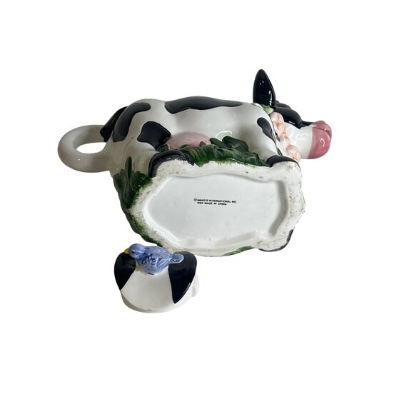 Vintage 1993 Wang's Ceramic Cow Teapot Black White Holstein Blue Bird on Back - Picture 6 of 6